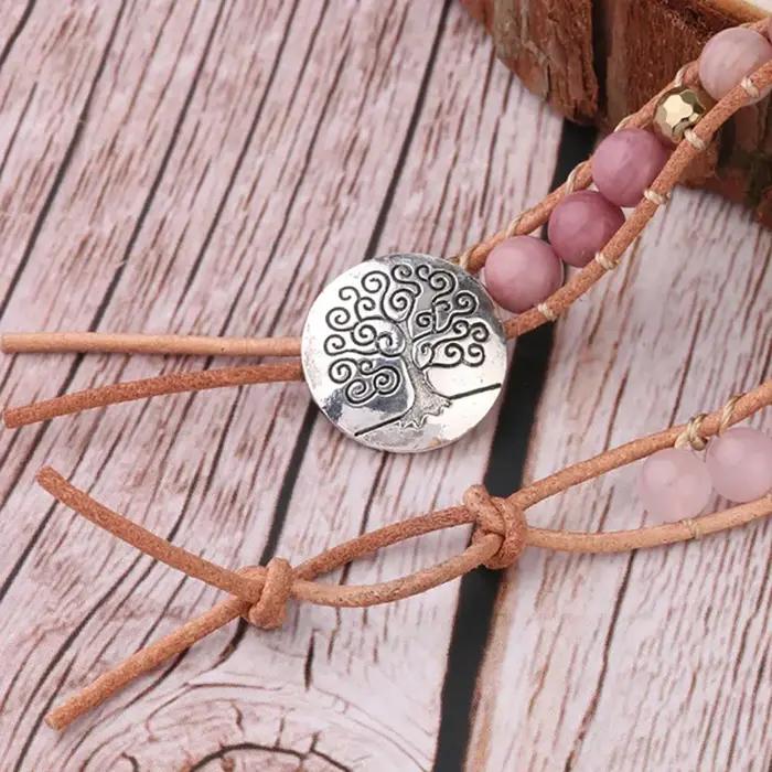 Bracelet Quartz Rose Pierre Naturelle Bohème Femme Voyage Vacances Plage Occasion Spéciale Cuir Elégant Présent Offert Fête