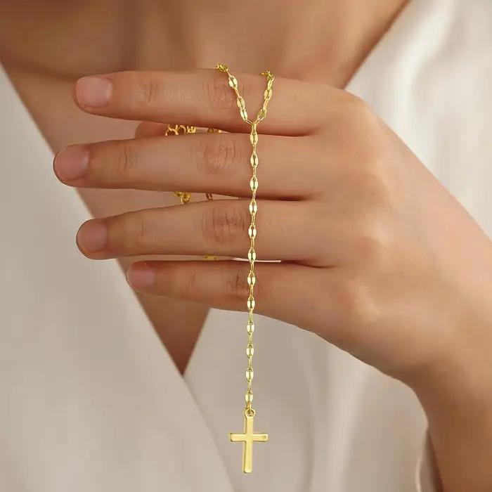 Collier croix Lariat en or véritable 14 carats pour femmes, long pendentif croix superposée en forme de Y, bijoux de baptême religieux et chrétien pour femmes occasions spéciales