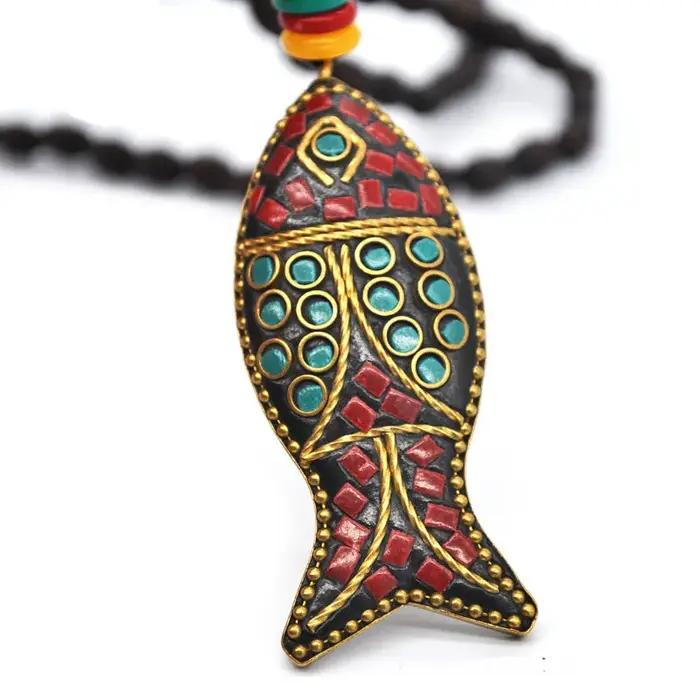 Collier Long Vintage en Perles de Bois Turquoise