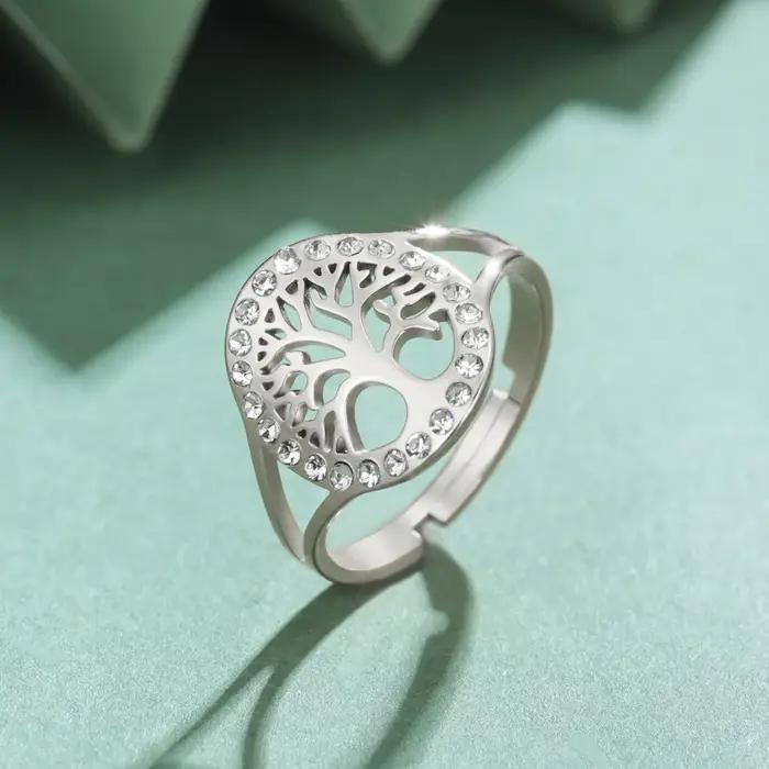 Skyrim arbre de vie clair Zircon rond anneau en acier inoxydable couleur or réglable femmes bagues amulette bijoux en gros