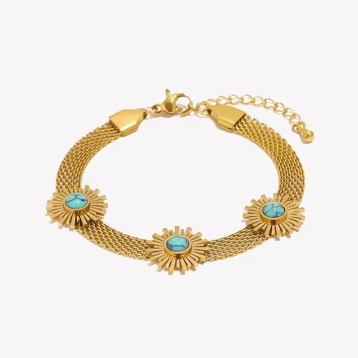 Bracelet en maille tissée bleu turquoise avec motif tournesol pour femmes occasions estivales et élégantes