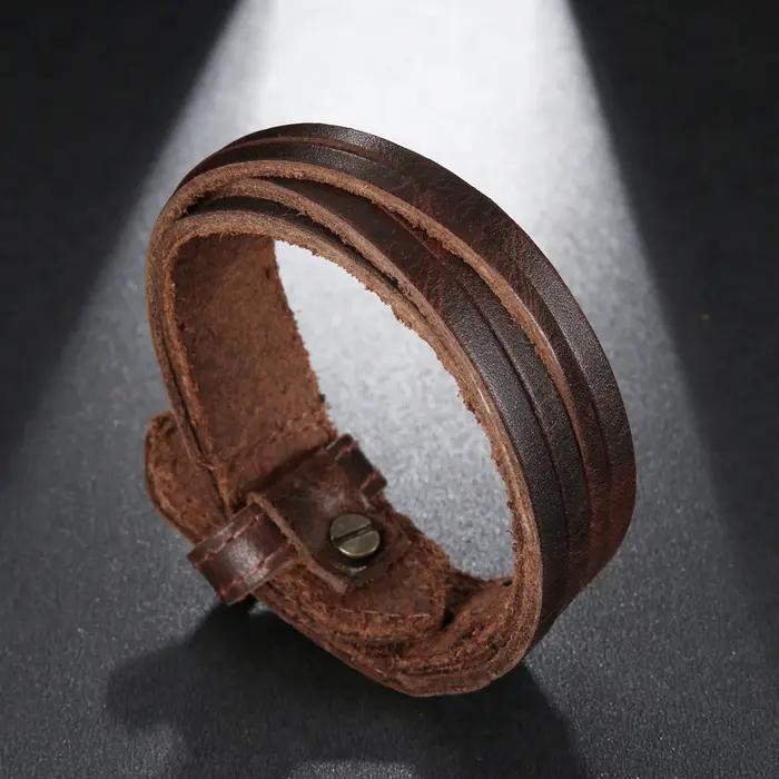 2025 tendance bijoux Vintage tissé à la main multicouche en cuir Bracelet manchette large