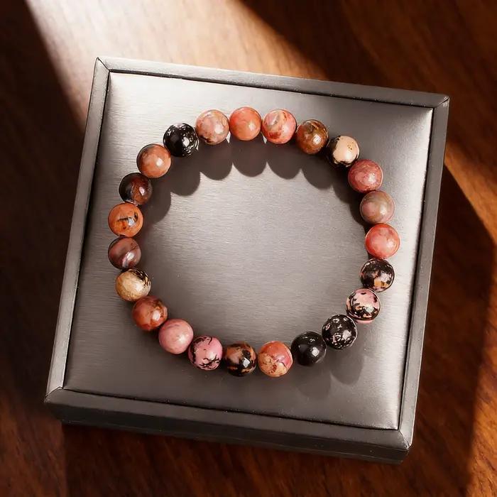 Bracelet en perles de rhodonite pierre naturelle bracelet de guérison reiki vitalité protection bijou exquis homme femme occasions spéciales