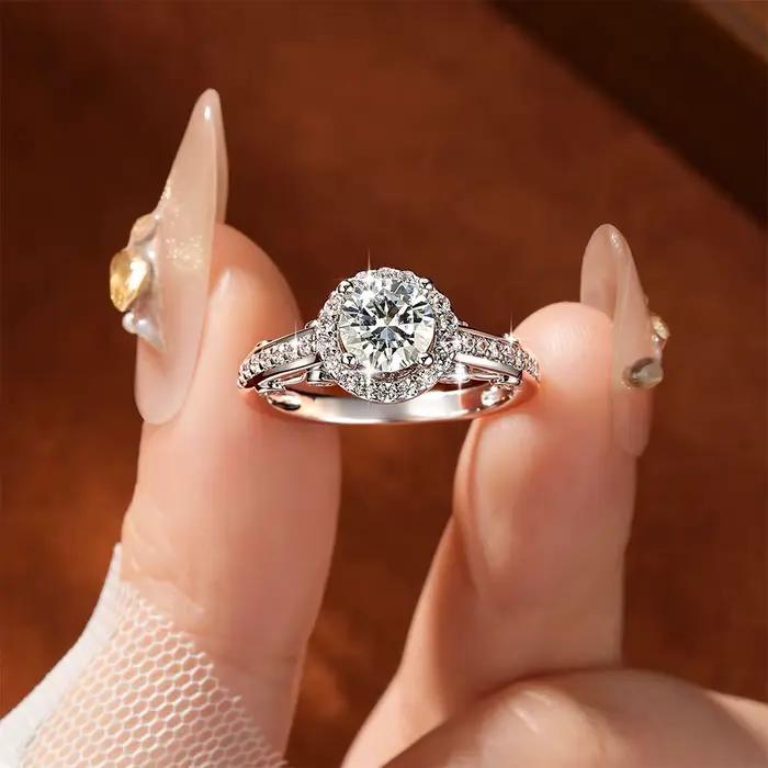 Bague de fiançailles Rrjzz en moissanite taille ronde 6,5 mm 1 carat pour femme, bague de promesse, alliance de mariée, bague halo, bijoux GRA, cadeaux