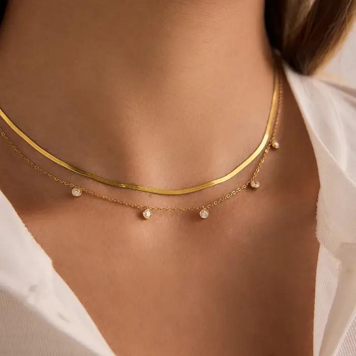 Collier avec pendentif en zircon pour femmes style moderne multicouche plaqué or 18 carats acier inoxydable soirée partie bijoux élégants