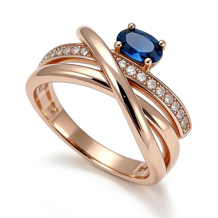 Bagues Croisées Inhabituelles en Or Rose 585 Serties de Zircon Naturel Bleu Brillant Élégantes pour Fêtes et Occasions Spéciales