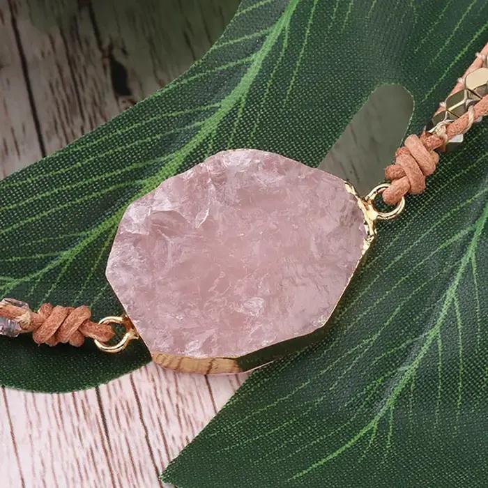 Bracelet Quartz Rose Pierre Naturelle Bohème Femme Voyage Vacances Plage Occasion Spéciale Cuir Elégant Présent Offert Fête