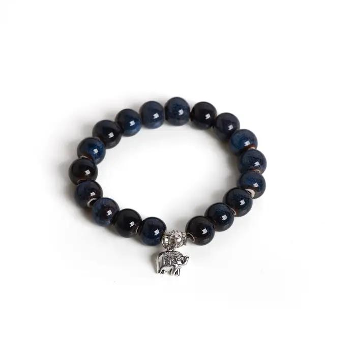 Bracelet Éléphant en Céramique Fait Main Style Boho Pierres Précieuses Perles Bleues Unisexes Occasions Spéciales