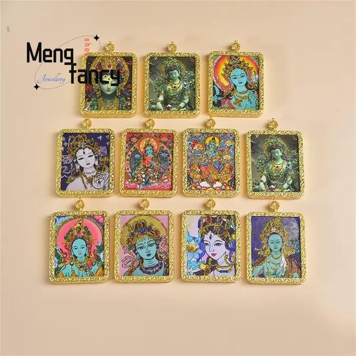 Nouveau modèle de boîte Thangka peinte à la main et dorée avec feuille d'or, pendentif Tara style national, bijoux de mode exquis, cadeau de vacances raffiné