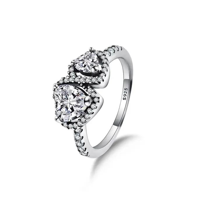 Bague de cocktail élégante en forme de double cœur plaqué argent, bijoux fins multi-pierres brillant