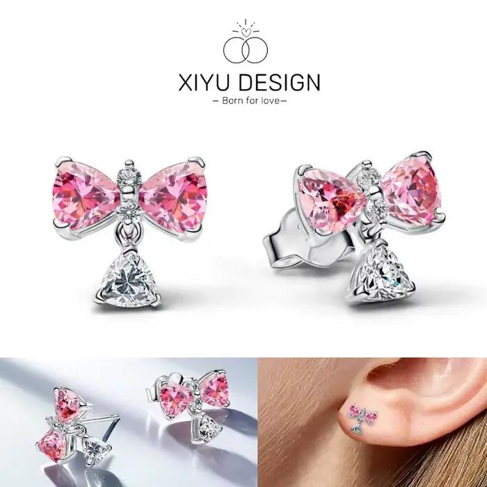 NOUVEAU Ensemble de bijoux pour la Fête des Mères en argent 925, nœud rose, zircon brillant, boucles