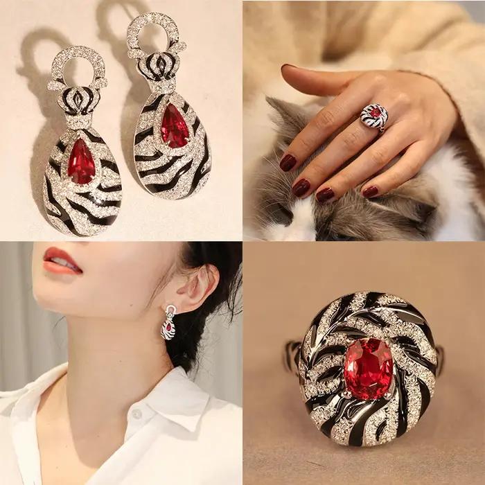 Foydjew 2023 nouvelle tendance moderne rétro motif zèbre rubis ensembles de bijoux mode européenne américaine léopard anneaux boucles d'oreilles pendantes