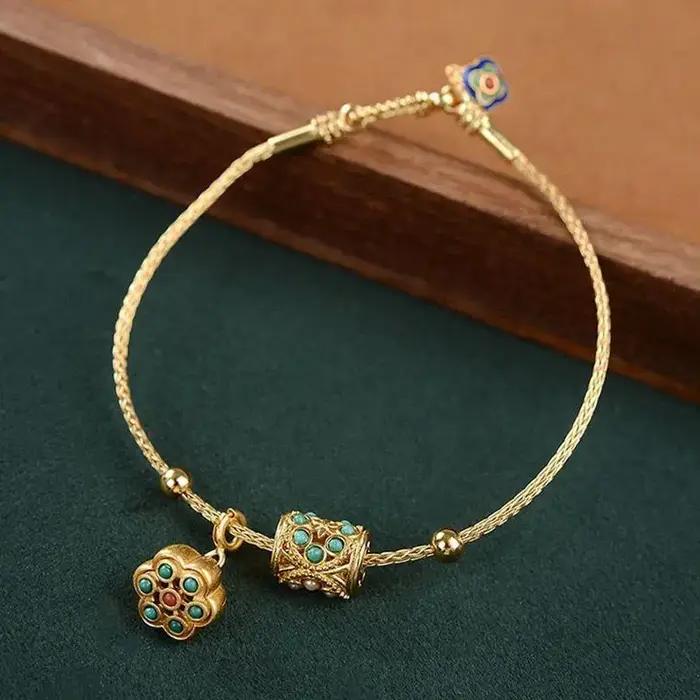 Lotus turquoise incrusté d'artisanat en or ancien, avec bracelet réglable, tempérament rétro palais,
