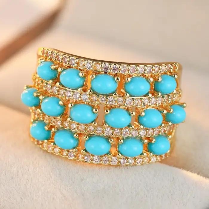 Bague dorée scintillante classique incrustée d'imitation de turquoise pour femme, style bohème, pour festival, banquet, accessoires de bijoux élégants