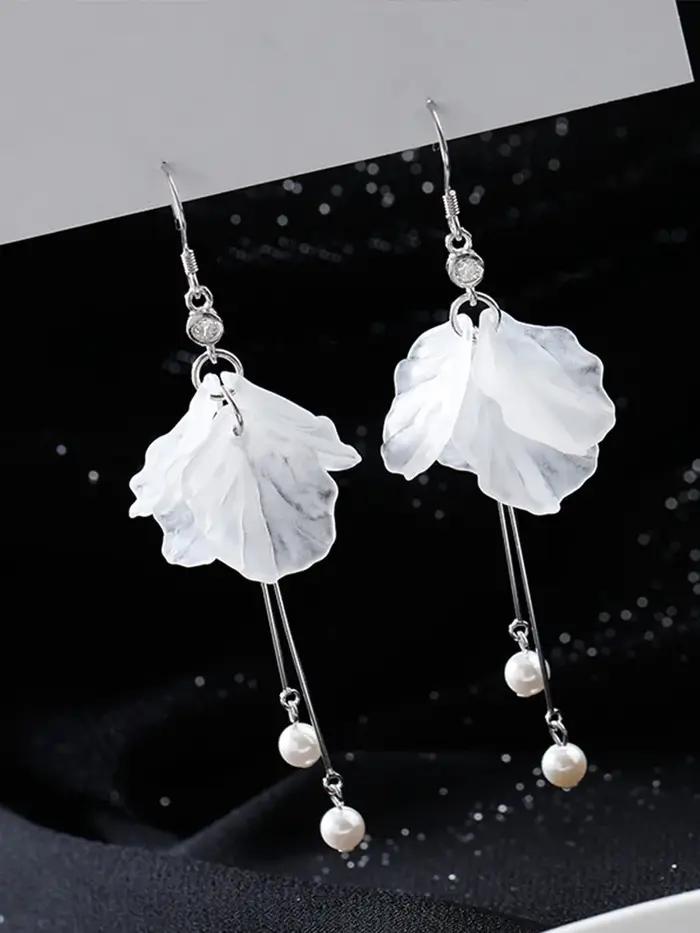 Boucles d'oreilles en perles de fleurs éternelles pour femmes, longues tempérament, plaqué argent, pompon, accessoires de mariée de mariage