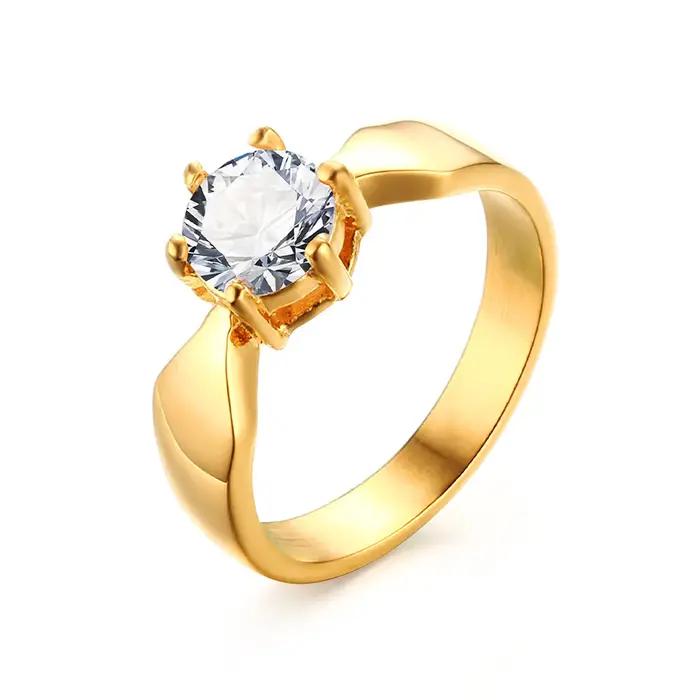Bague de fiançailles solitaire ronde pour femmes en zirconium cubique doré plaqué or 18 carats pour occasions spéciales engagement anniversaire fête