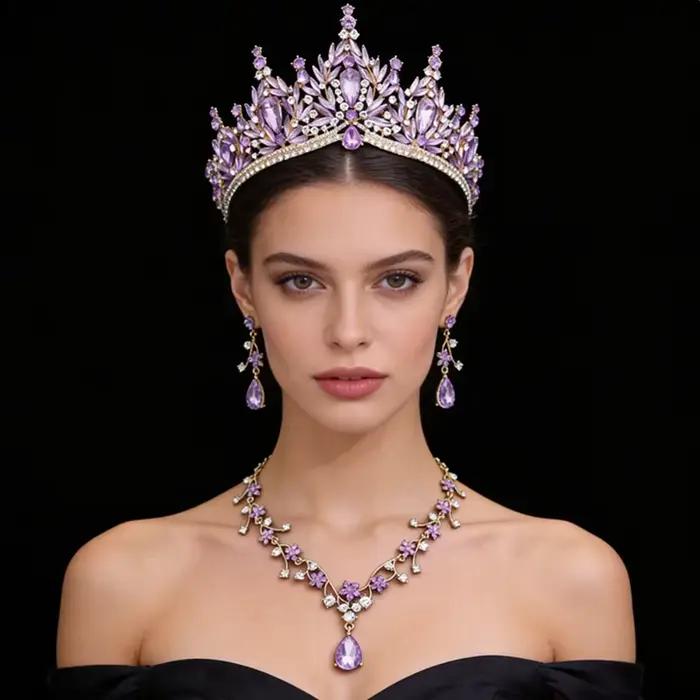 Parures de bijoux de mariée de luxe pour femmes, ensemble de 3 pièces, diadèmes et collier, boucles d'oreilles, couronne de mariage, accessoires de bijoux pour mariées