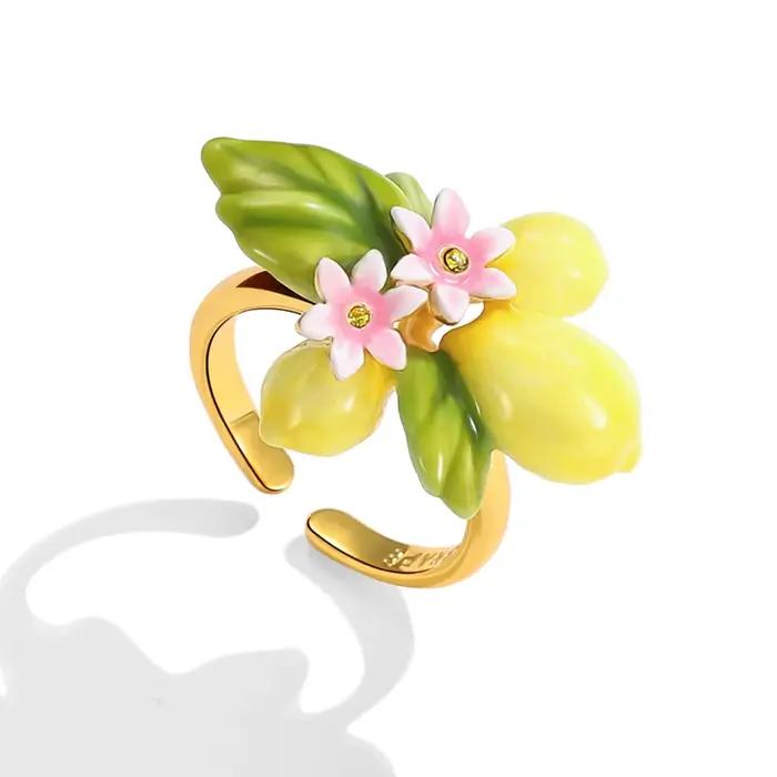 Bague ajustable plaquée or motif raisin juteux pour adolescentes, émail peint à la main, fleur citro