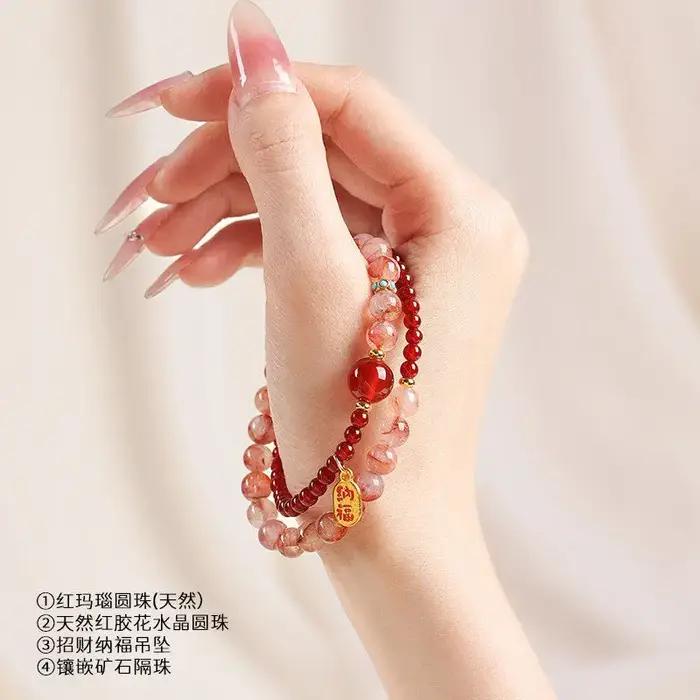 Bracelet à double boucle en agate rouge et cristal pour femme