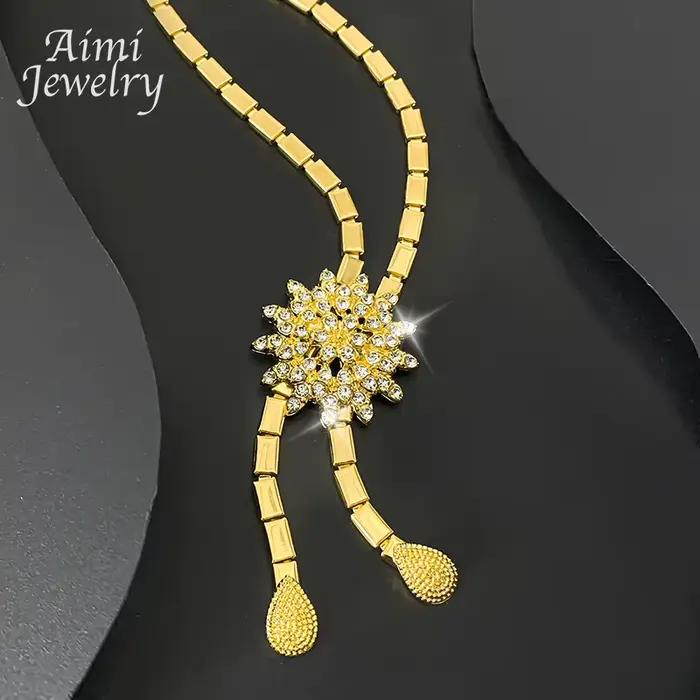 Ensemble de bijoux de luxe plaqué or avec strass brillants pour femmes, collier, boucle d'oreille, Bracelet, bague, bijoux en zircone, cadeaux de fête de mariage