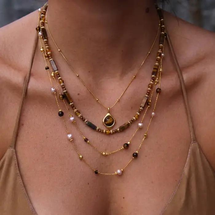 Ensemble de colliers superposés en imitation perle œil de tigre Maillard pour femmes, 3 pièces, chaîne en acier inoxydable perlée, bijoux élégants vintage, cadeau