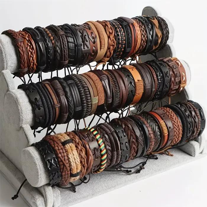 20 pièces Bracelets en cuir tressé pour hommes femmes envelopper perles de bois manchette Bracelet cordons de chanvre ethnique Tribal fait à la main Wrap Bracelet