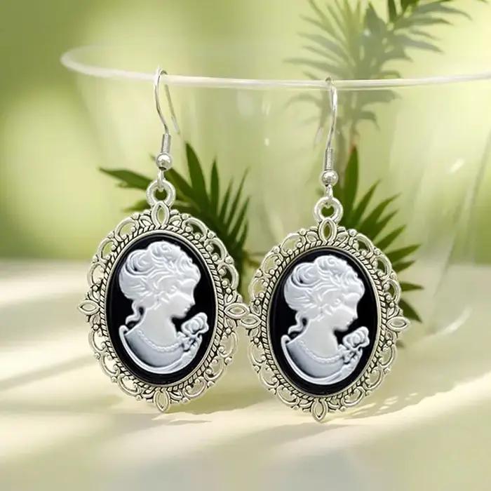 Vintage ovale femme camée boucles d'oreilles européen classique argent plaqué boucles d'oreilles pour femmes bijoux accessoires cadeaux