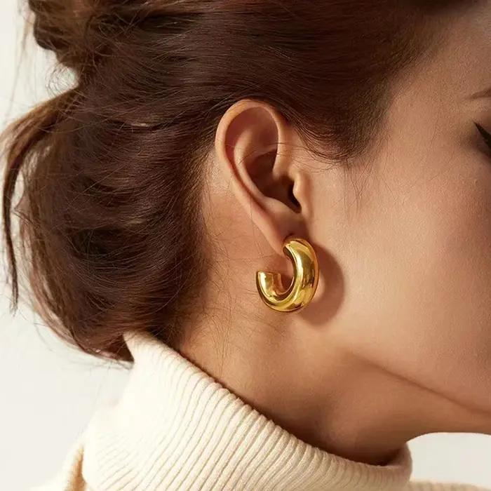 Boucles d'oreilles créoles épaisses en forme de C pour femmes, cercle brillant, couleur or argent, acier inoxydable, pour occasions spéciales et quotidienne, cadeau pour maman, filles, dames, amies