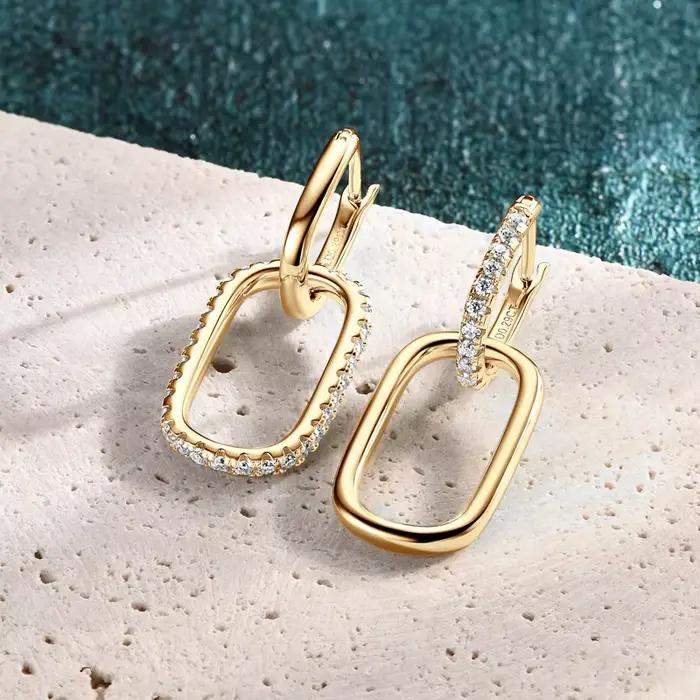 IOGOU-Boucles d'oreilles créoles Moissanite rondes plaquées or 18 carats pour femmes, boucles d'oreilles pendantes, conception à double boucle, punk, hip hop, cadeau de bijoux pour filles