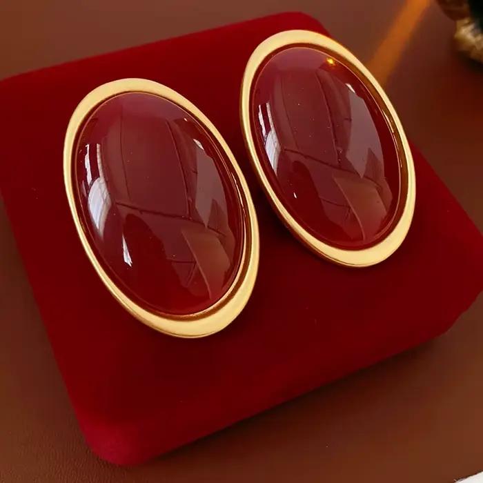 Boucles d'oreilles Vintage en résine rouge pour femmes, grandes boucles d'oreilles ovales géométriques de luxe, bijoux d'oreille de fête de mariage, vente en gros, 2025