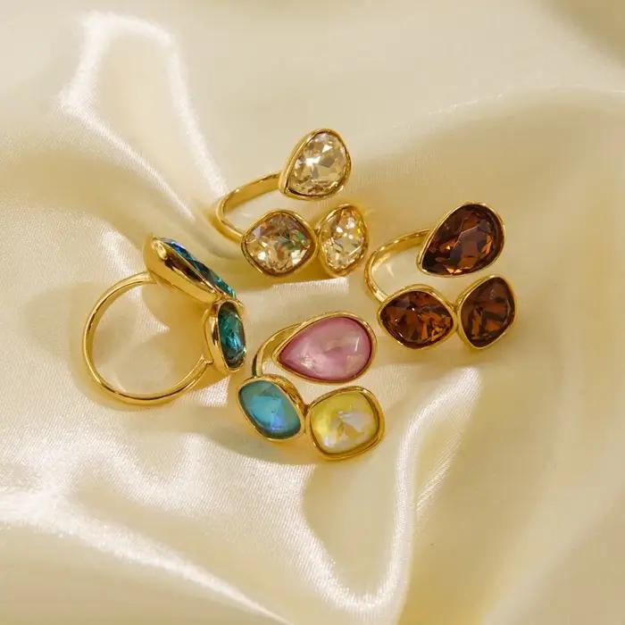 CARLIDANA bijoux de mode anneaux ouverts plaqué or 18 carats en acier inoxydable Simple multicolore bague en cristal