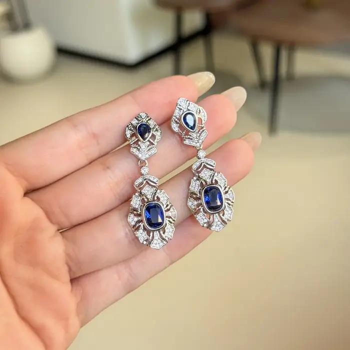 Boucles d'oreilles vintage à pampilles avec pierres précieuses bleues pour femmes