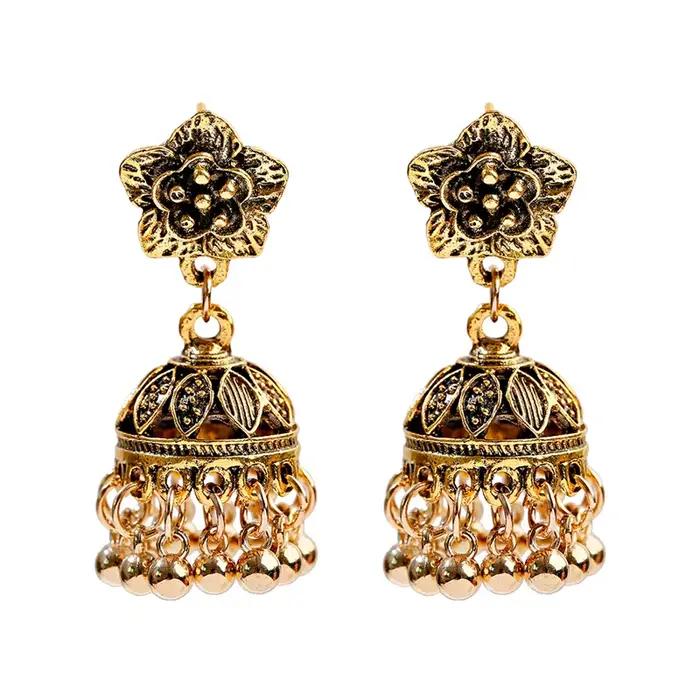 Boucles d'oreilles Boho Vintage ethnique indienne Jhumka pour femmes, couleur or, cloche, pompon, fl