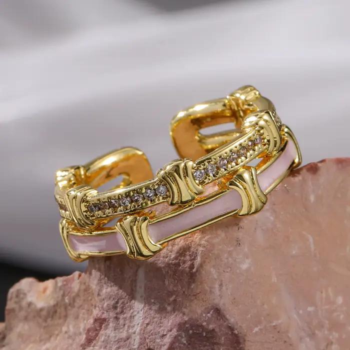 Bague ouverte ajustable dorée avec incrustation d'émail et zircon synthétique pour femmes, alliance de mariage, bijou élégant et tendance, cadeau pour occasions spéciales