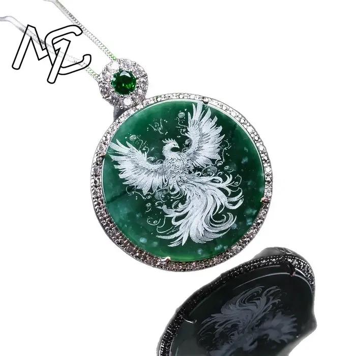 Collier en argent S925 avec pendentif en jadeite sculpté en forme de phénix