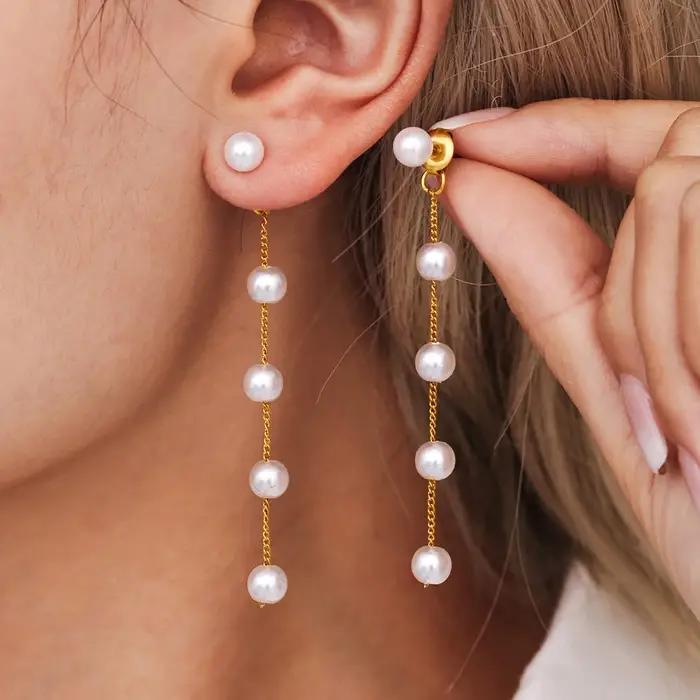 Boucles d'oreilles longues pendantes avec pampilles en perles pour femmes