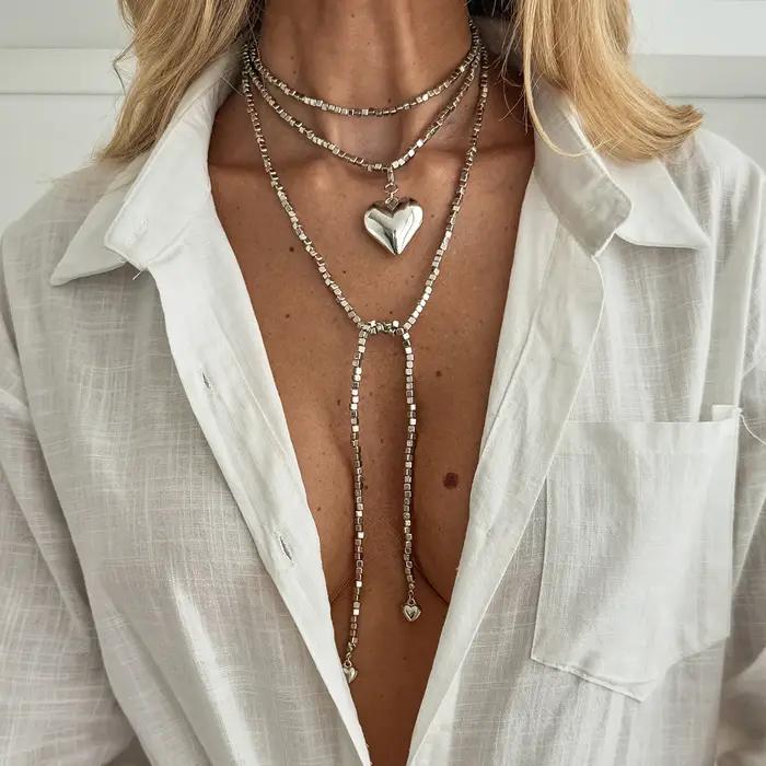 Mode couleur or amour coeur pendentif collier femmes Vintage chaîne de perles Long