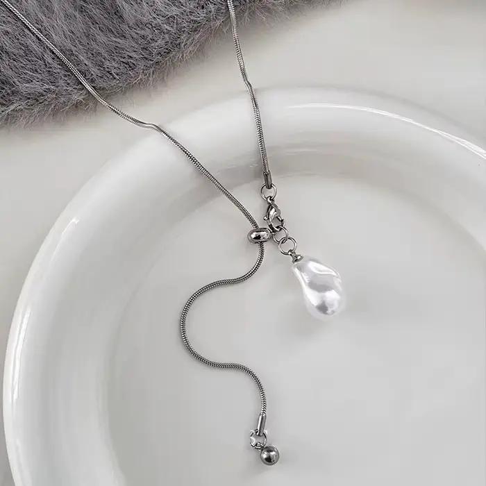 LATS – collier Long en acier inoxydable avec perles baroques pour femmes