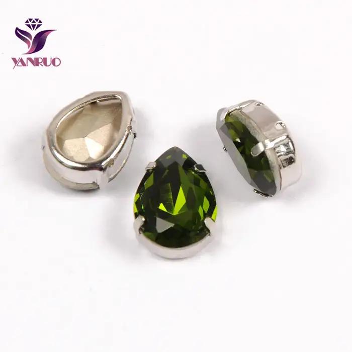 YANRUO-Griffe d'Olivine en Forme de Larme CitroK9, Ornements de Bijoux de Marquage, Clous de Base en Argent et Or, Strass