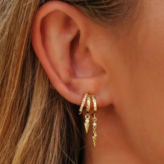 Femmes boucles d'oreilles 14k plaqué or véritable Triple Huggie