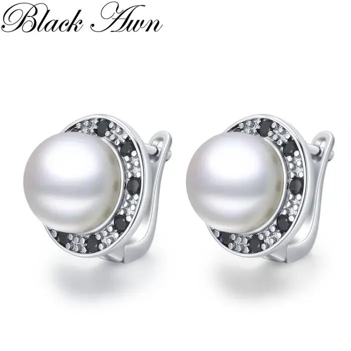 Boucles d'oreilles créoles rondes en perles noires Awn 2026 pour femmes, couleur argent classique, b