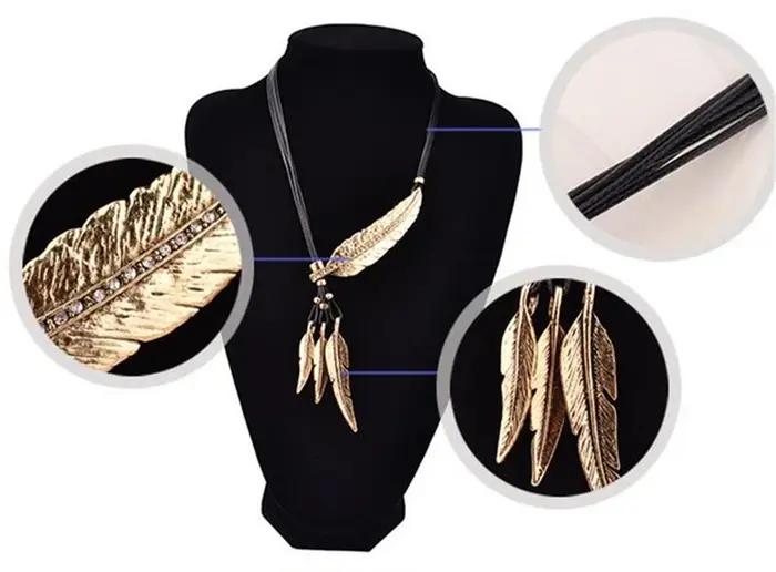 Collier Femme plume colliers et pendentifs corde en cuir Vintage Maxi Colar pour déclaration