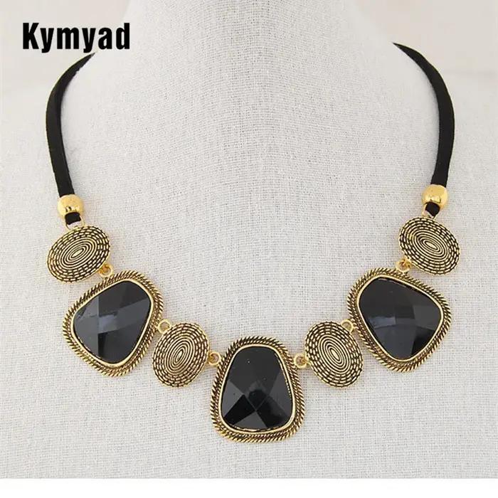 Collier Femme Rétro Bijoux Corde Noire Chaîne Ras Du Cou Pendentif Résine Pierre Géométrique Occasions Spéciales
