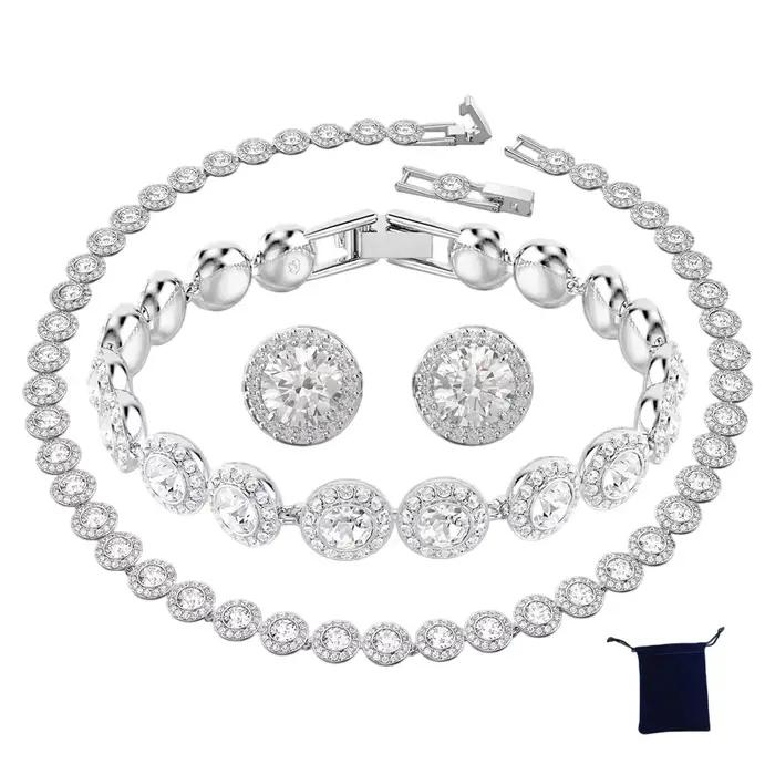 Ensemble de bijoux 2025 - Happiness Diamond - Boucles d'oreilles rondes en cristal, bracelet, collier - Ensemble de bijoux pour femmes avec de magnifiques pierres précieuses - Série Una Angelic