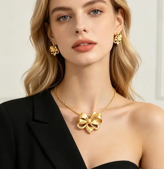 Ensemble de bijoux de luxe pour femmes design nœud papillon or jaune clair collier et boucles d'oreilles élégants pour occasions spéciales
