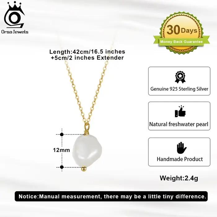 ORSA JEWELS 925 collier de perles en argent Sterling avec véritable perle baroque naturelle irrégulière pour les femmes collier bijoux GPN22
