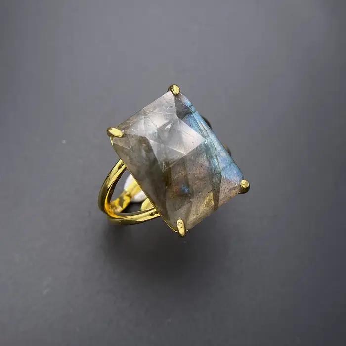 Bague Labradorite naturelle élégante or jaune 18 carats grande pierre goutte d'eau pour femmes occasions spéciales anniversaires cadeaux bijoux à la mode