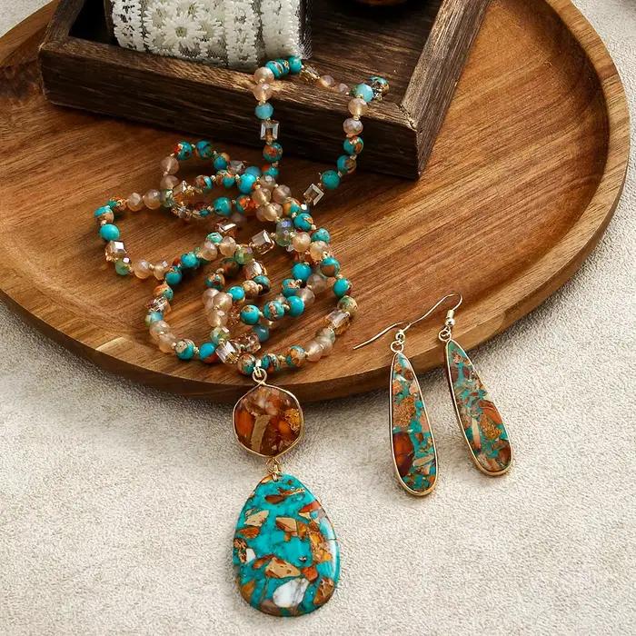 Mode bohème femmes bijoux 6mm pierre naturelle cristal verre noeud collier géométrique empereur pierre pendentif collier boucles d'oreilles