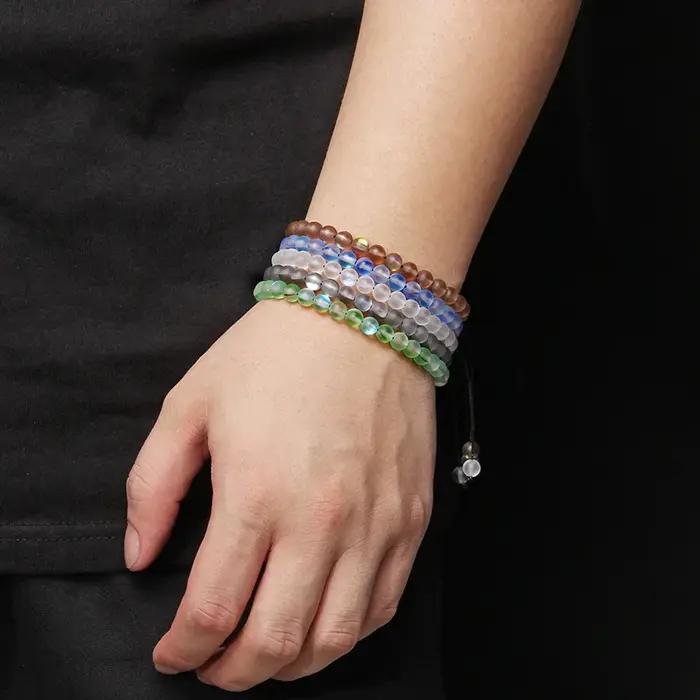 Bracelet en pierre de lune mate multicolore 6mm tressé en cristal autrichien pour femmes et hommes occasions spéciales trackers d'humeur subtils
