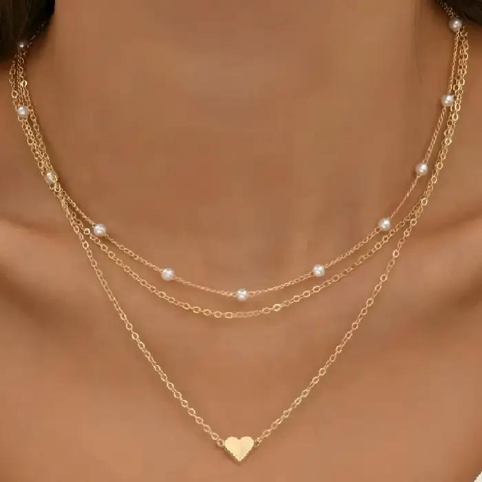 Ensemble de colliers de perles pour femmes, en or 14K, pendentif en forme de cœur, tracker d'humeur, pour occasions spéciales et tenues de soirée